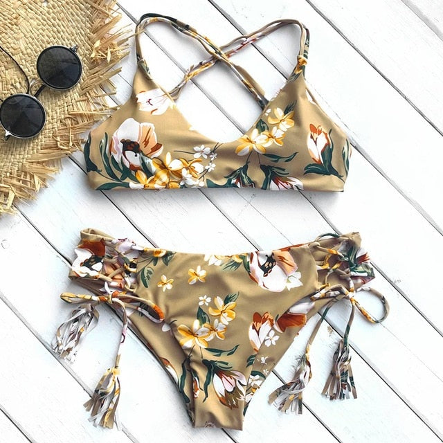 Golden Beach Flora Print Bikini Set