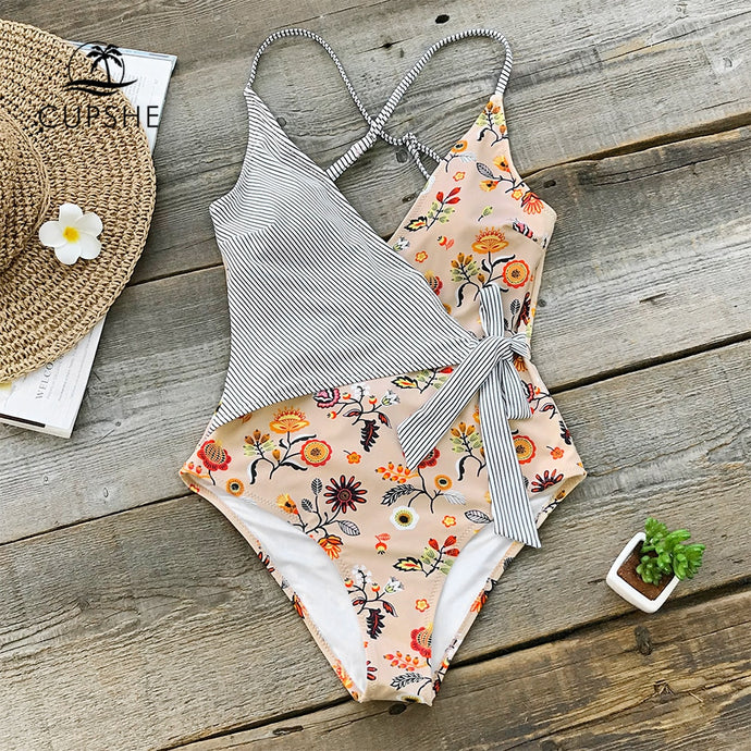 Floral And Striped Swimsuit