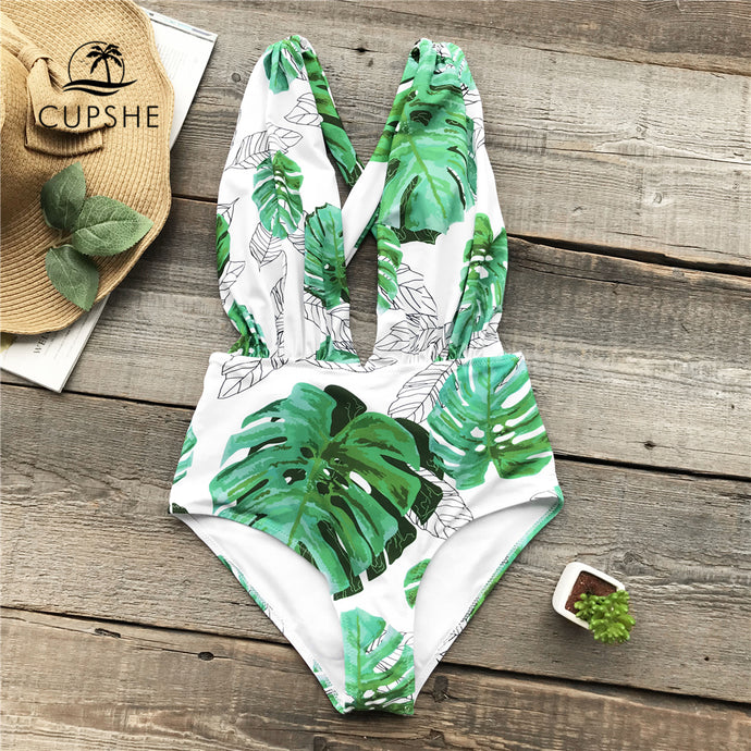 Tropic Back Cross Monstera Leaf Print Swimsuit