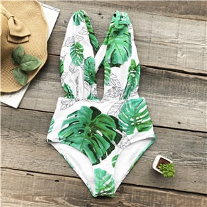 Tropic Back Cross Monstera Leaf Print Swimsuit
