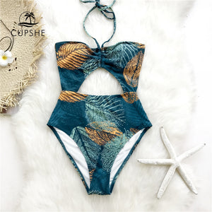 Green And Golden Leaves Print Swimsuit