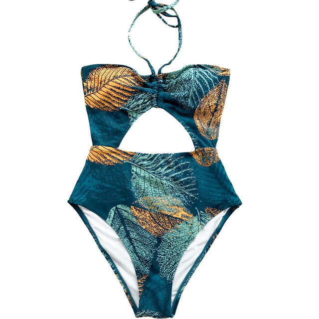 Green And Golden Leaves Print Swimsuit