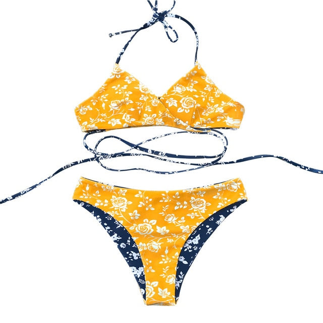 Blue And Yellow Floral Reversible Bikini Set