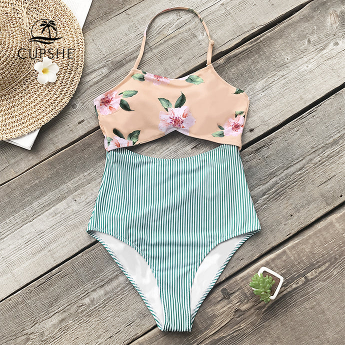 Floral And Green Striped Swimsuit