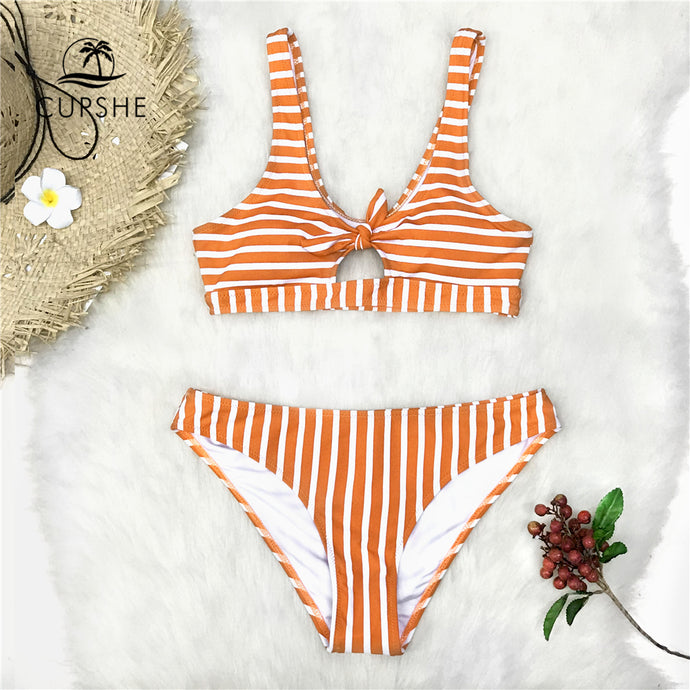 Orange And White Stripe Bowknot Bikini Set