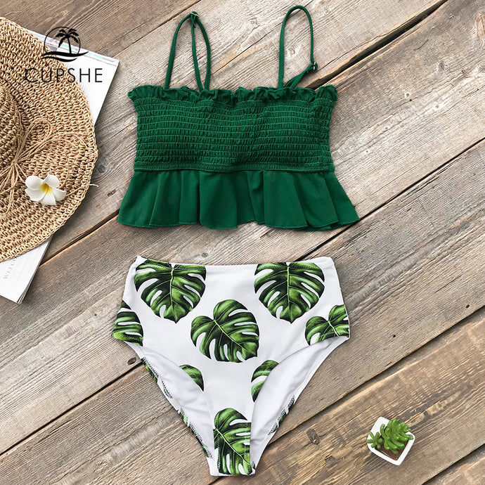 Smocked Green Leaf Print Bikini Set