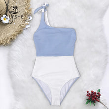 Load image into Gallery viewer, Blue And White One Shoulder Swimsuit