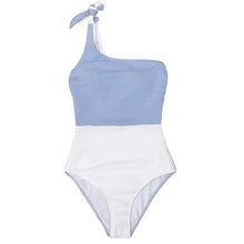 Load image into Gallery viewer, Blue And White One Shoulder Swimsuit