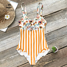 Load image into Gallery viewer, Orange Floral And Stripe Ruffle Swimsuit