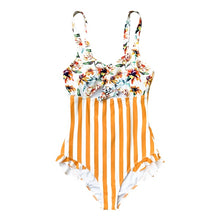 Load image into Gallery viewer, Orange Floral And Stripe Ruffle Swimsuit