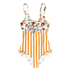 Orange Floral And Stripe Ruffle Swimsuit