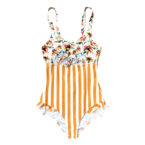 Orange Floral And Stripe Ruffle Swimsuit