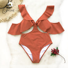 Load image into Gallery viewer, Orange Ruffle Cold Shoulder Swimsuit