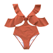Load image into Gallery viewer, Orange Ruffle Cold Shoulder Swimsuit