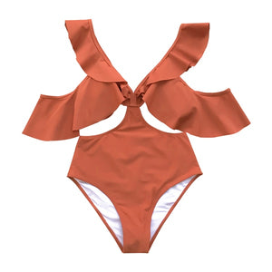 Orange Ruffle Cold Shoulder Swimsuit