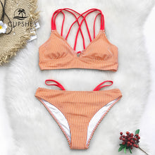 Load image into Gallery viewer, Orange And White Stripe Strappy Bikini Set