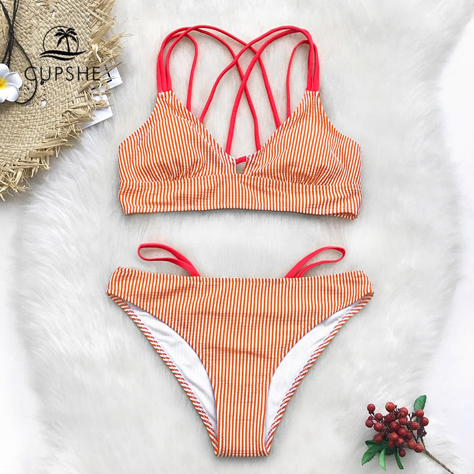 Orange And White Stripe Strappy Bikini Set