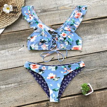 Load image into Gallery viewer, Blue Floral Ruffle Reversible Bikini Set