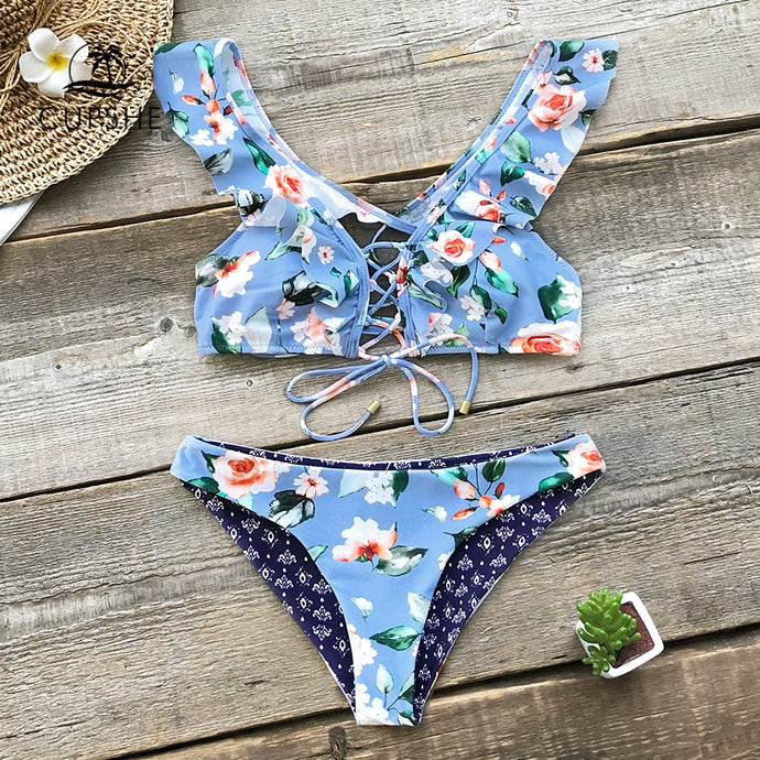Blue Floral Ruffle Reversible Bikini Set