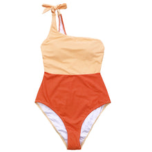 Load image into Gallery viewer, Blue And White One Shoulder Swimsuit