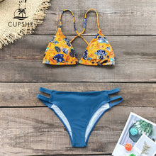 Load image into Gallery viewer, Navy And Yellow Floral Print Triangle Bikini Set