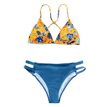 Load image into Gallery viewer, Navy And Yellow Floral Print Triangle Bikini Set