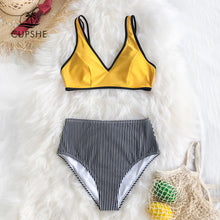 Load image into Gallery viewer, Yellow And Black Stripe Bikini Set