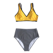 Load image into Gallery viewer, Yellow And Black Stripe Bikini Set